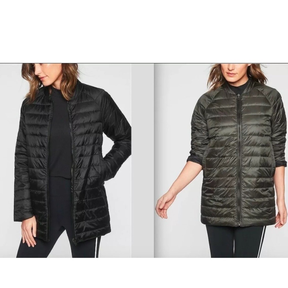 Athleta Reversawarm Down Puffer Coat in Black Arbor Olive Reversible Size Medium